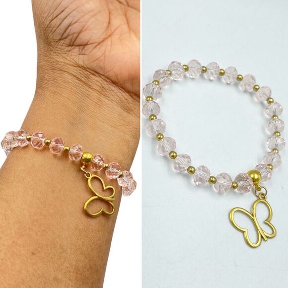 Women Pink Cristal Bracelet Beads With Metal Butterfly Gold Tone - Picture 2 of 8